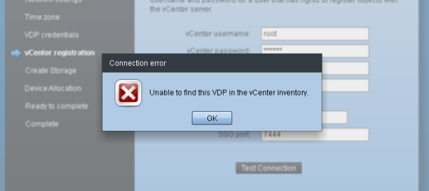 Unable to find this VDP in the vCenter inventory